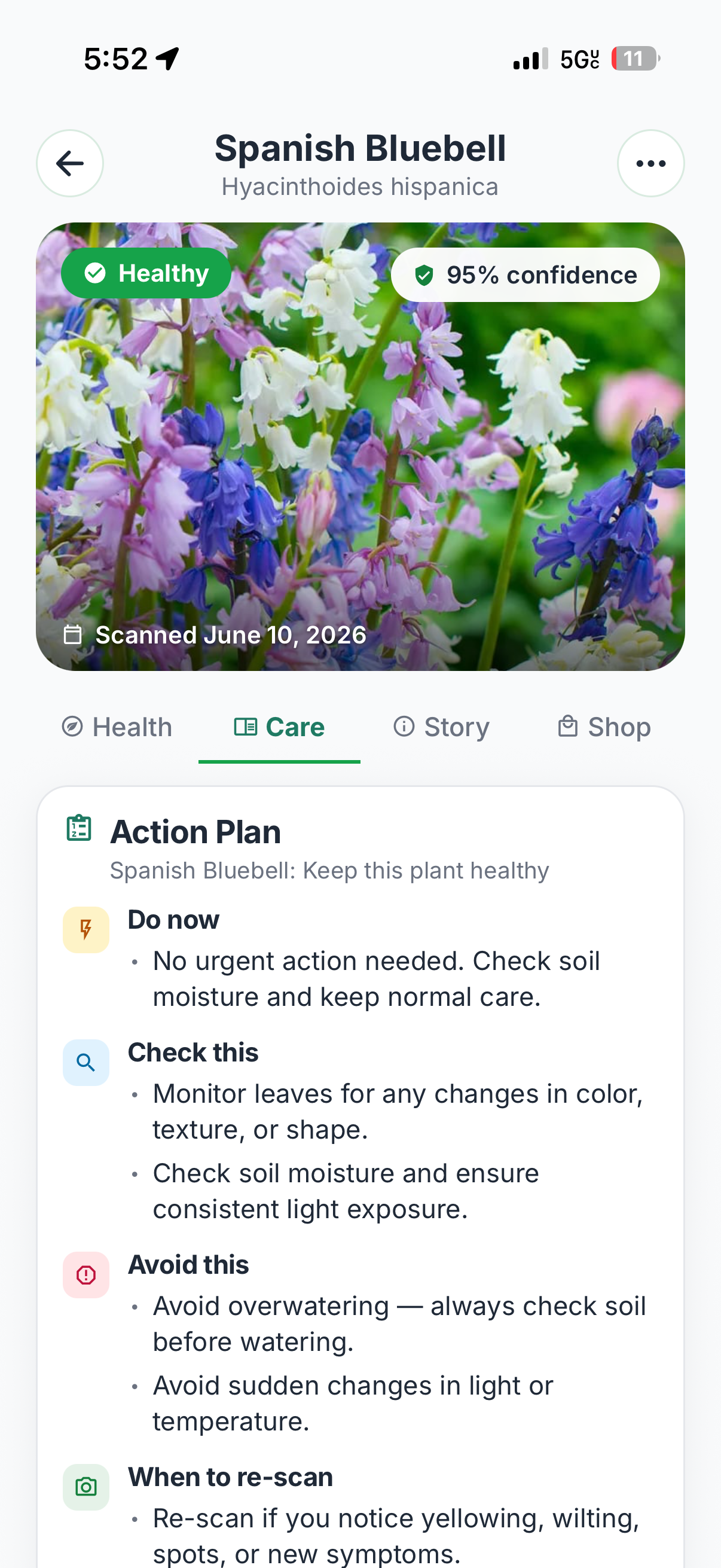 Leafentia AI care plan screen with plant care guidance