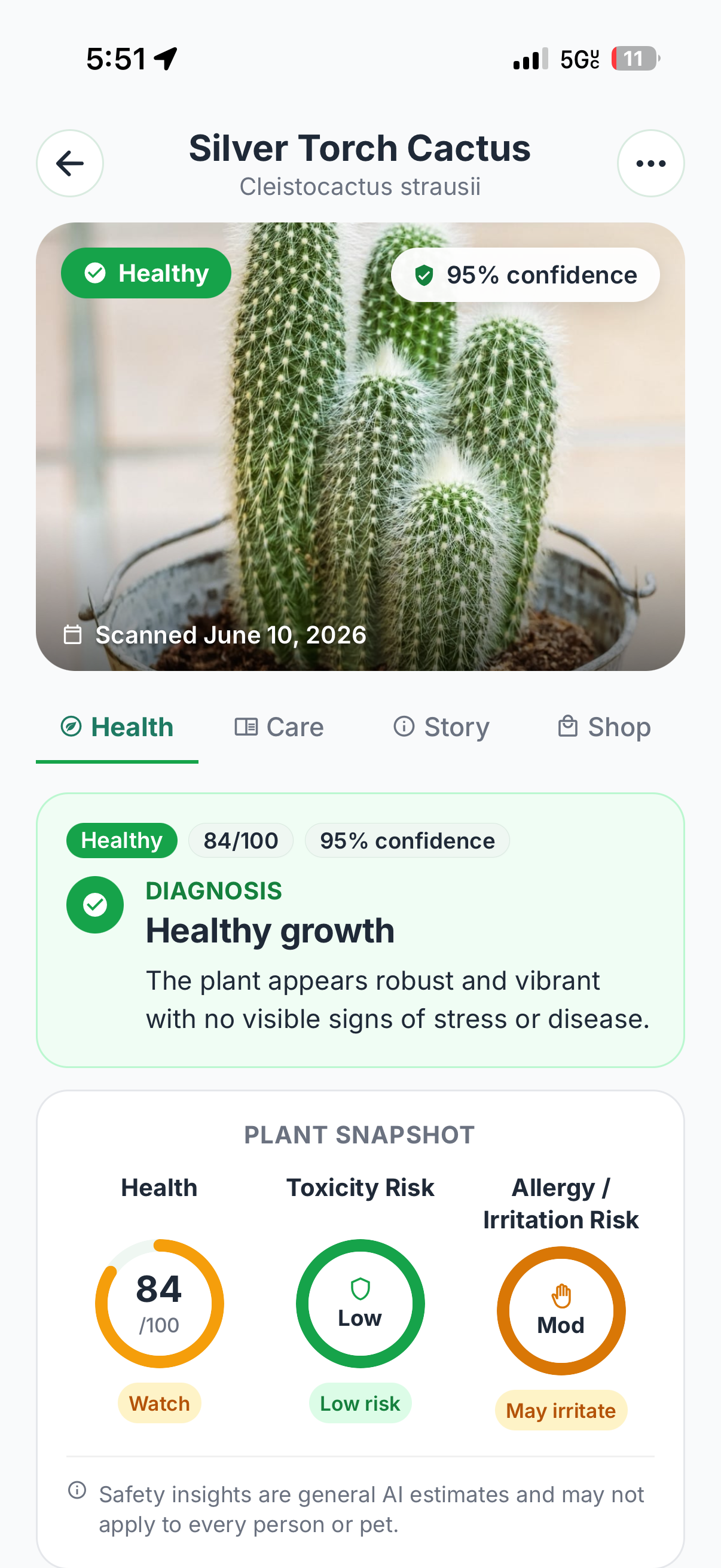 Leafentia AI plant detail screen with plant care context